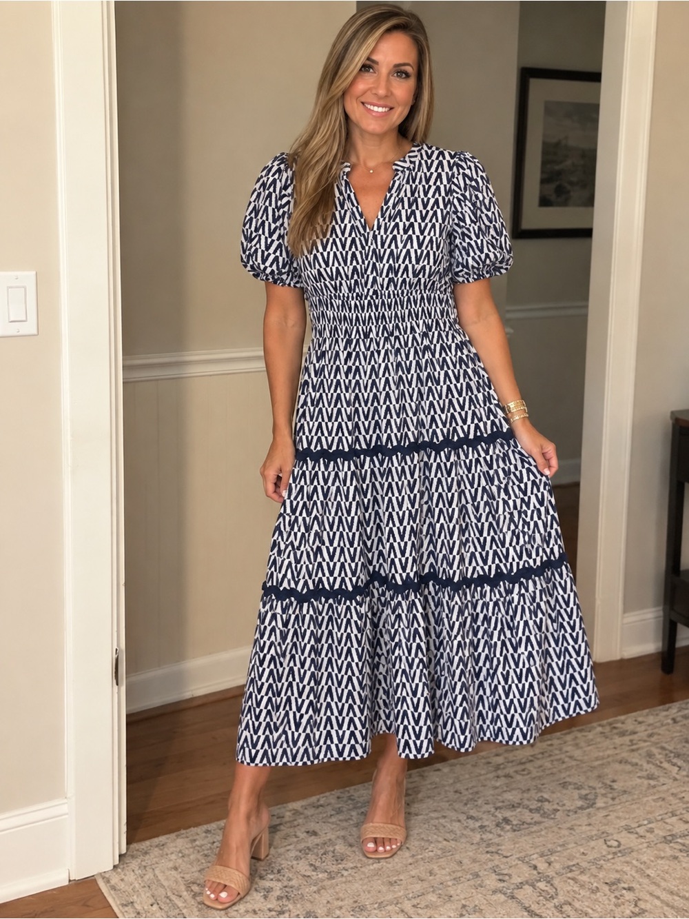 JODIFL Navy & White Geometric Puff-Sleeve Maxi Dress